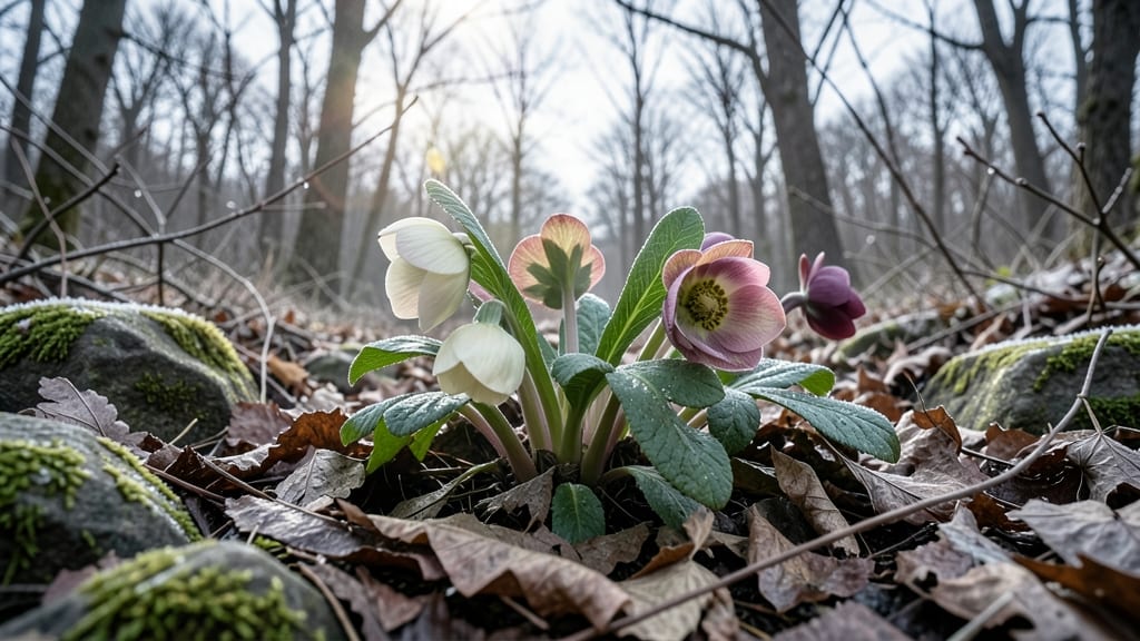 Hellebores Blooming in Winter
